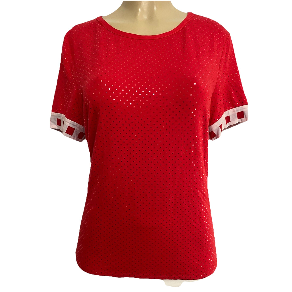 St John T Shirt Tee Top Blouse Red Short Sleeve Paillette Round Neck Gold Logo M